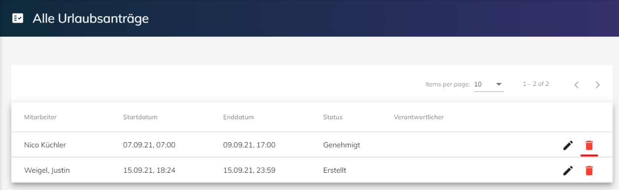 Mülltonne um Urlaubsantrag zu löschen