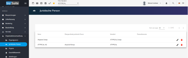 Navigation zu juristischen Personen in der biz.Suite
