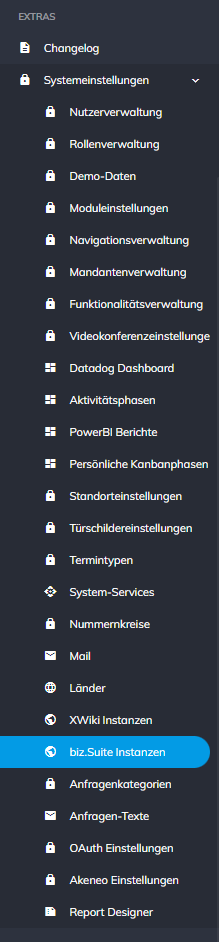Systemeinstellungen -&gt; biz.Suite Instanzen