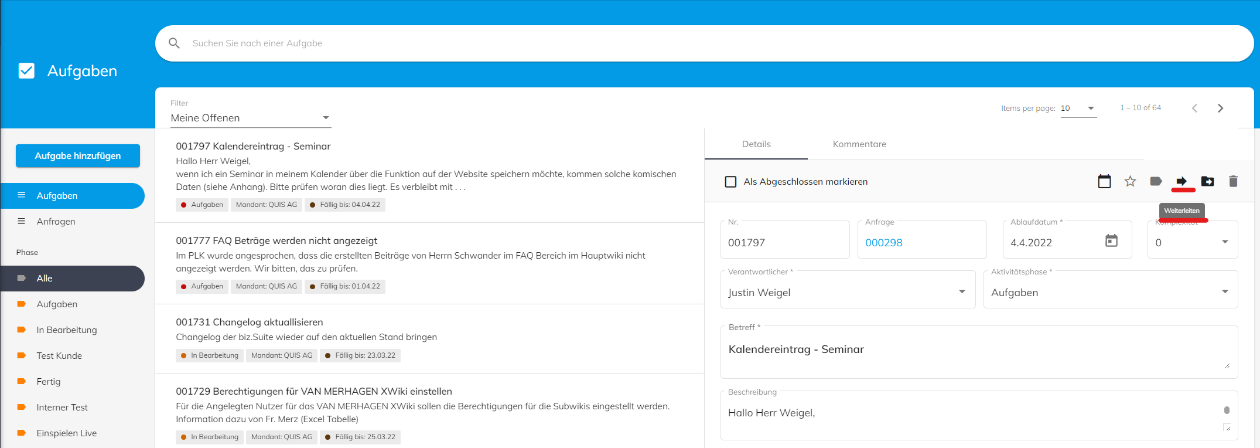 Weiterleitung einer ausgewählten Aufgabe